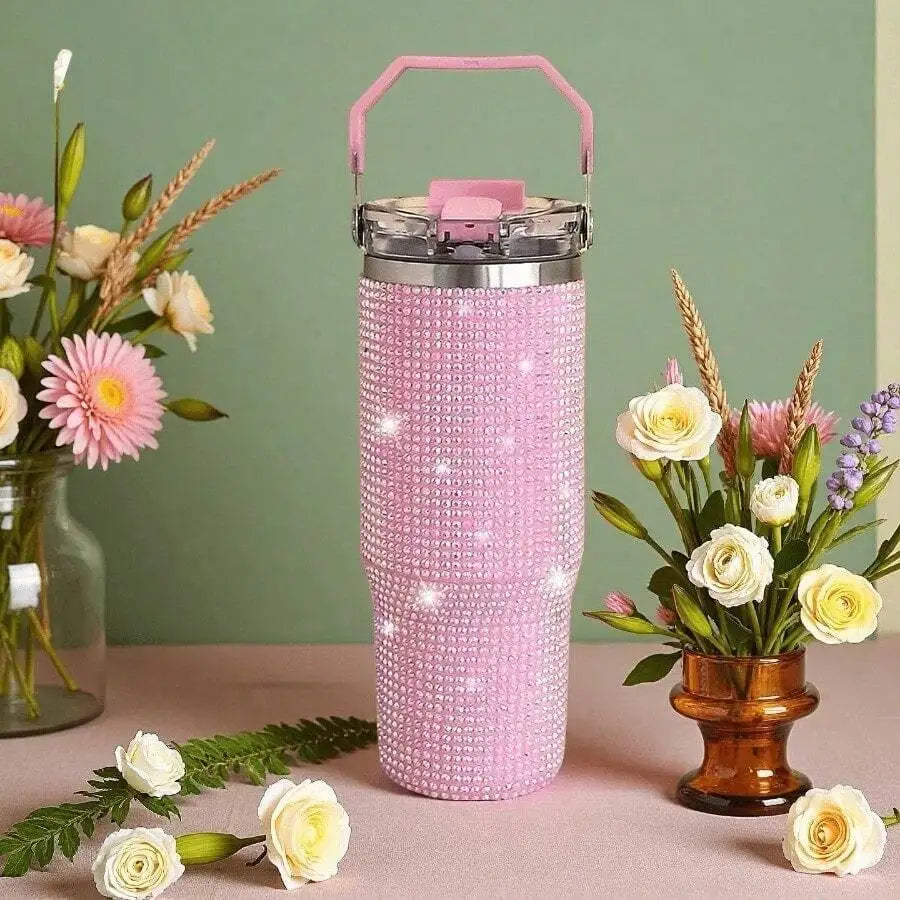 Stainless Steel Vacuum Insulated Tumbler With Rhinestone Decor Straw Lid Travel