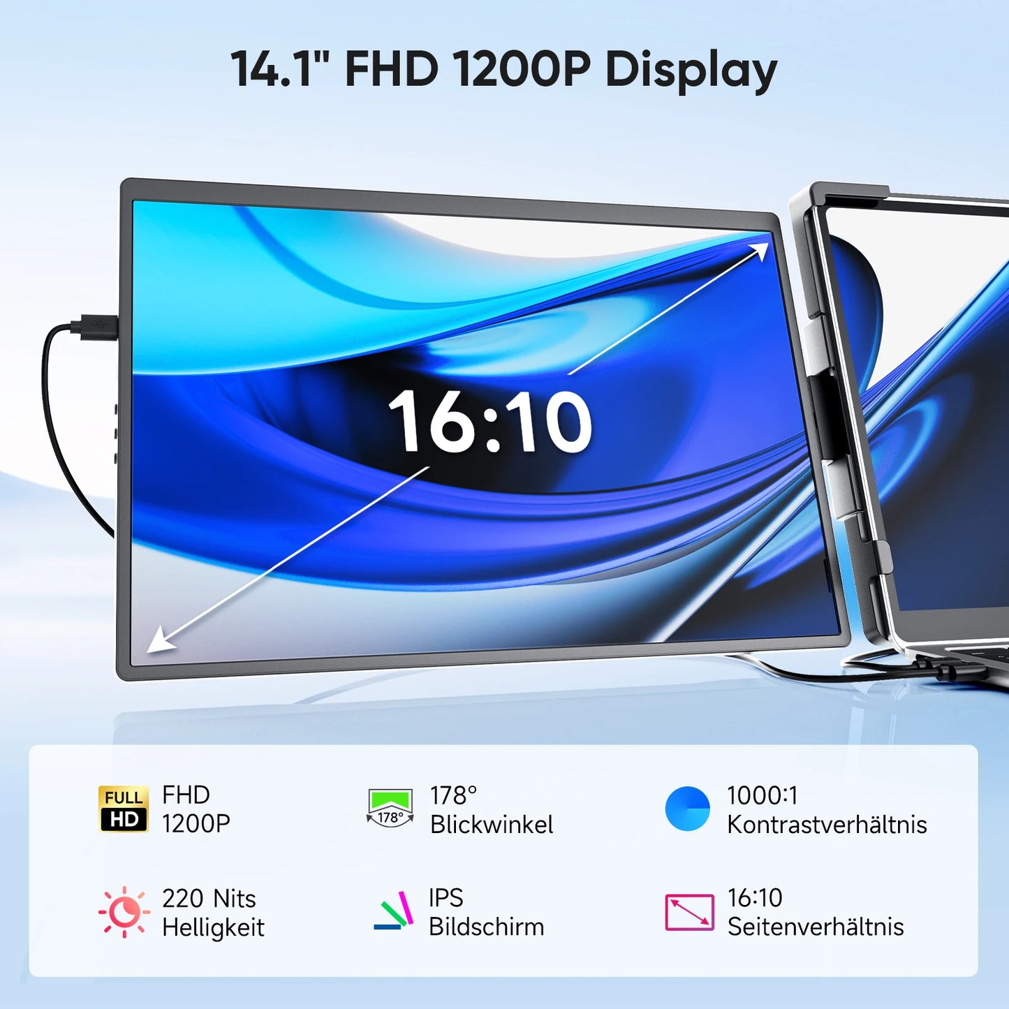 Dopesplay 14.1inch Laptops Screen Extender Triple Dual 1200P IPS Portable Monitor for Windows PC MacBook Chrome Laptop 13.3-17.3