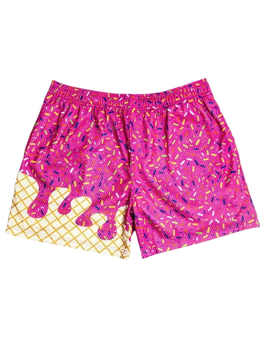 Ice Cream Print Mesh Sports Shorts For Men Quick Dry