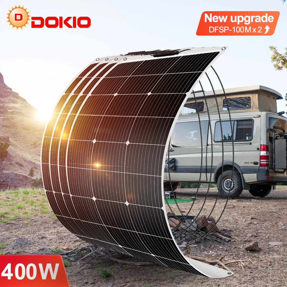 DOKIO 100W-400W 18V monocrystalline flexible solar panel, suitable for camping, RV installation can charge 12V batteries