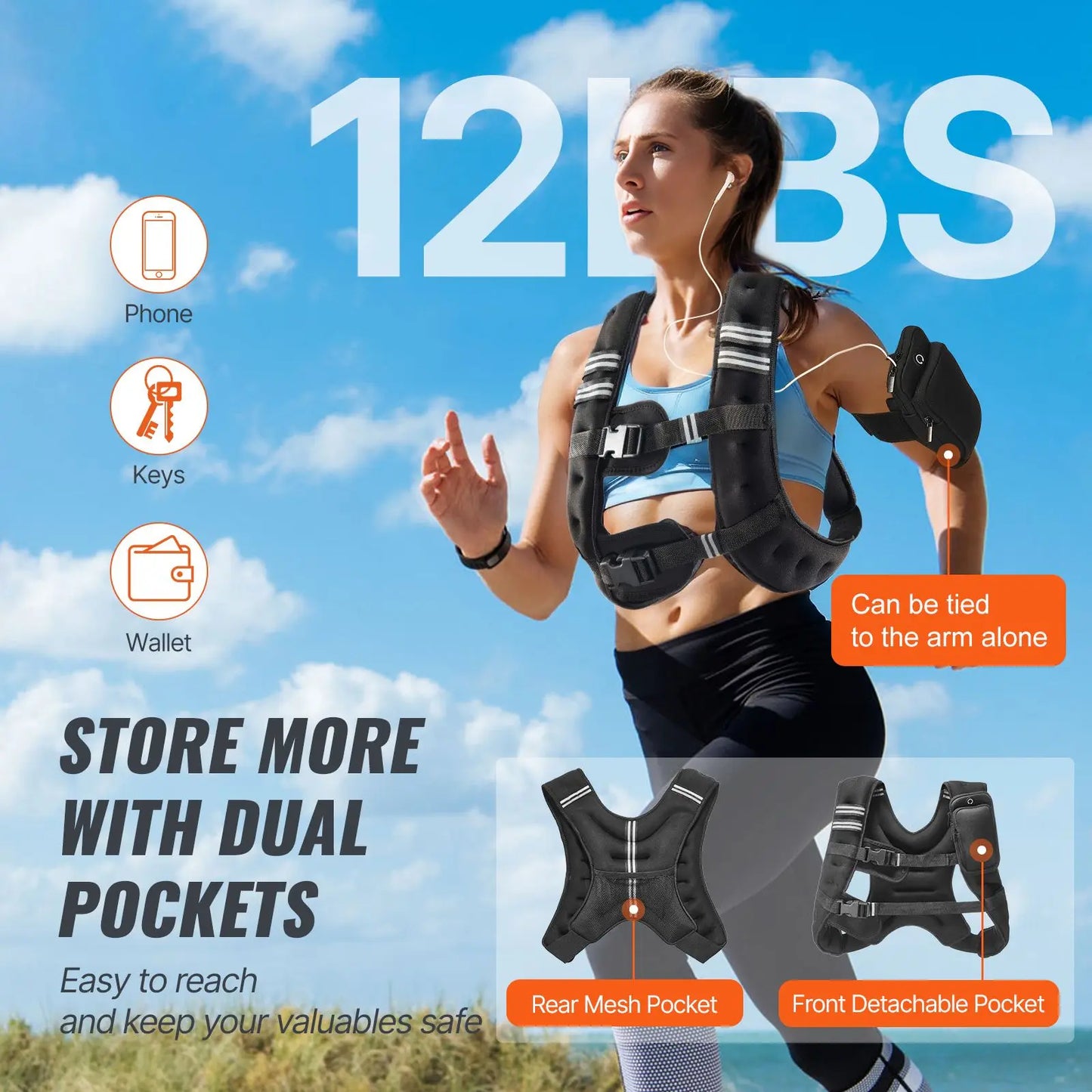Weighted Vest 12 Lbs Reflective Stripe Adjustable Buckle Unisex