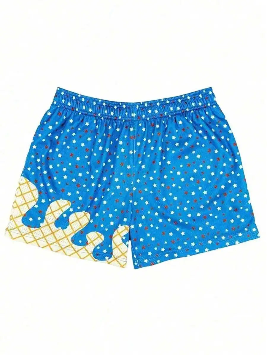 Y2K Ice Cream Print Mesh Baseball Shorts For Casual Workout