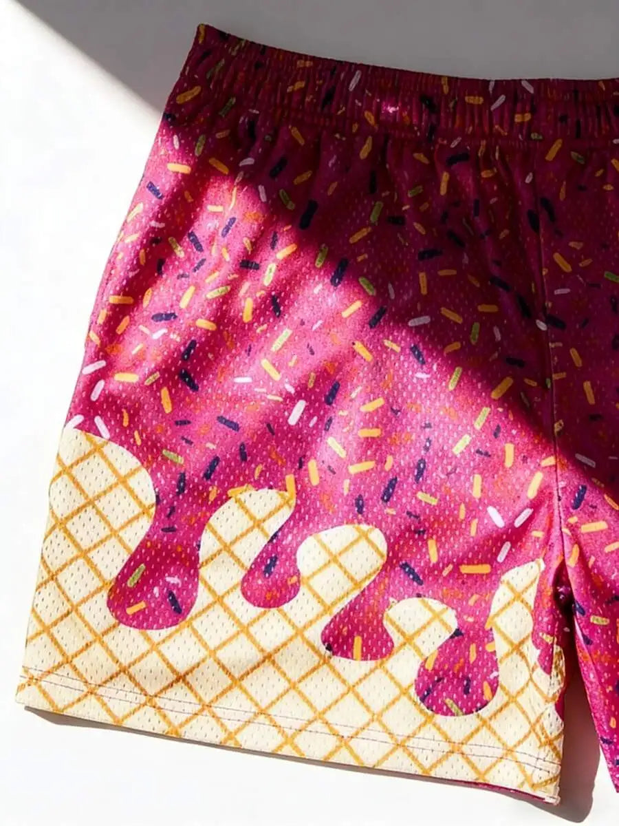 Ice Cream Print Mesh Sports Shorts For Men Quick Dry