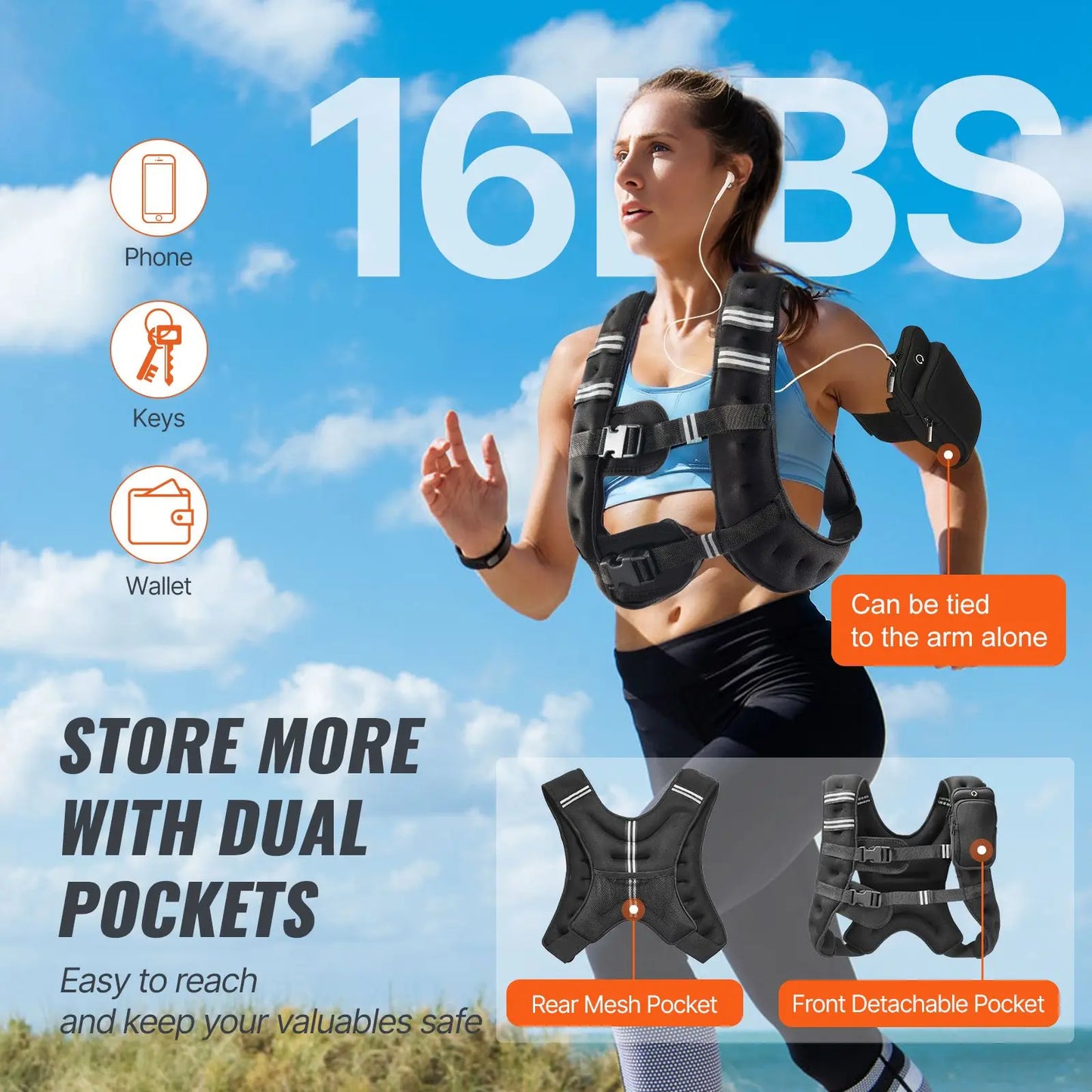Weighted Vest 16 Lbs With Reflective Stripe For Strength Training