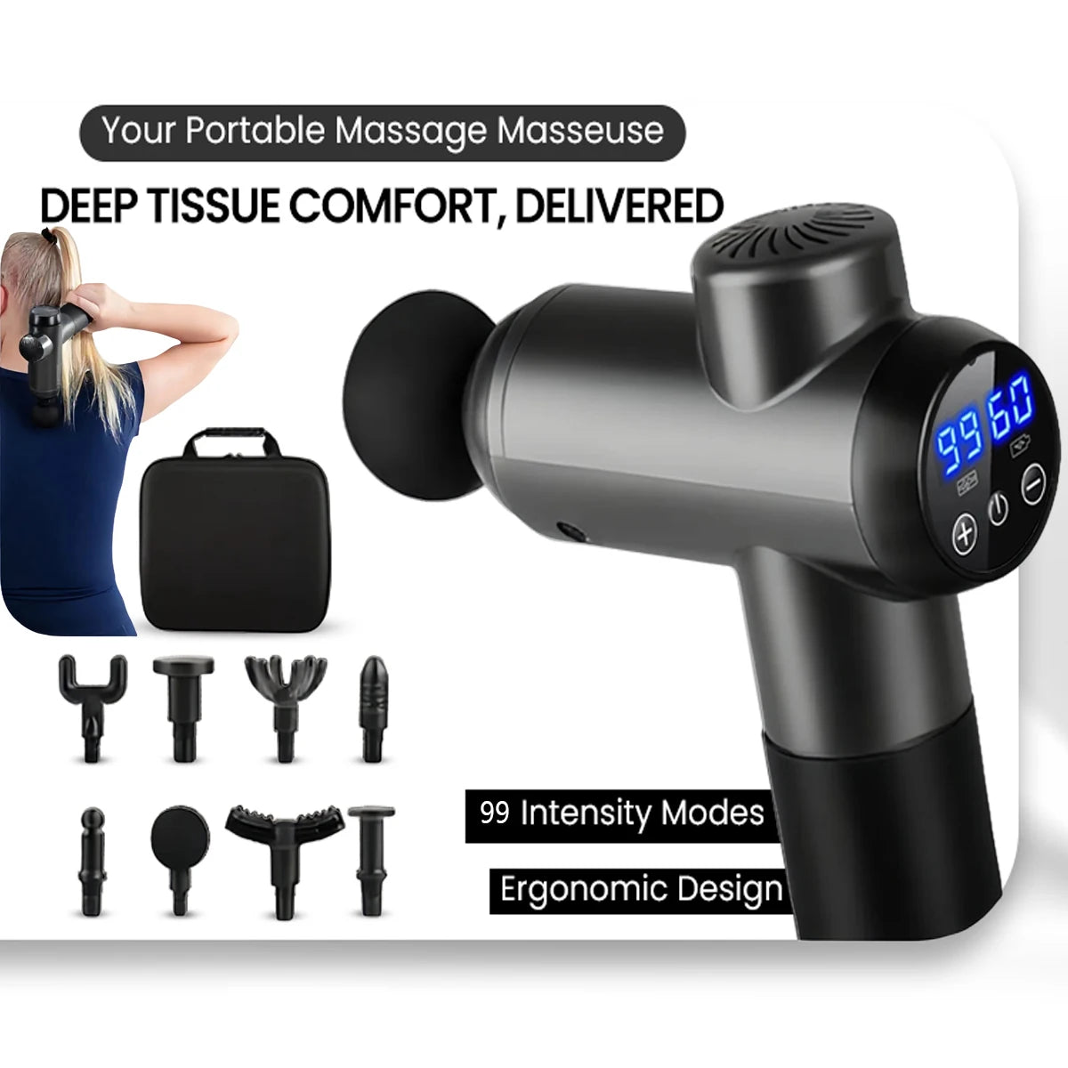 Deep Tissue Massage Gun With 99 Speeds And 8 Attachments