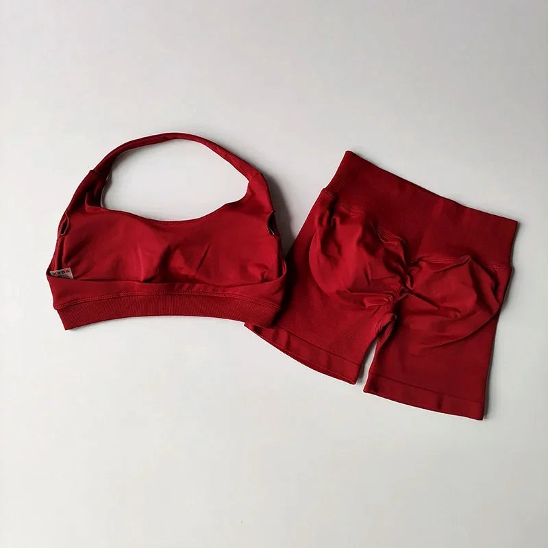 Women's Seamless Yoga Set Two Piece Halter Sports Bra Shorts