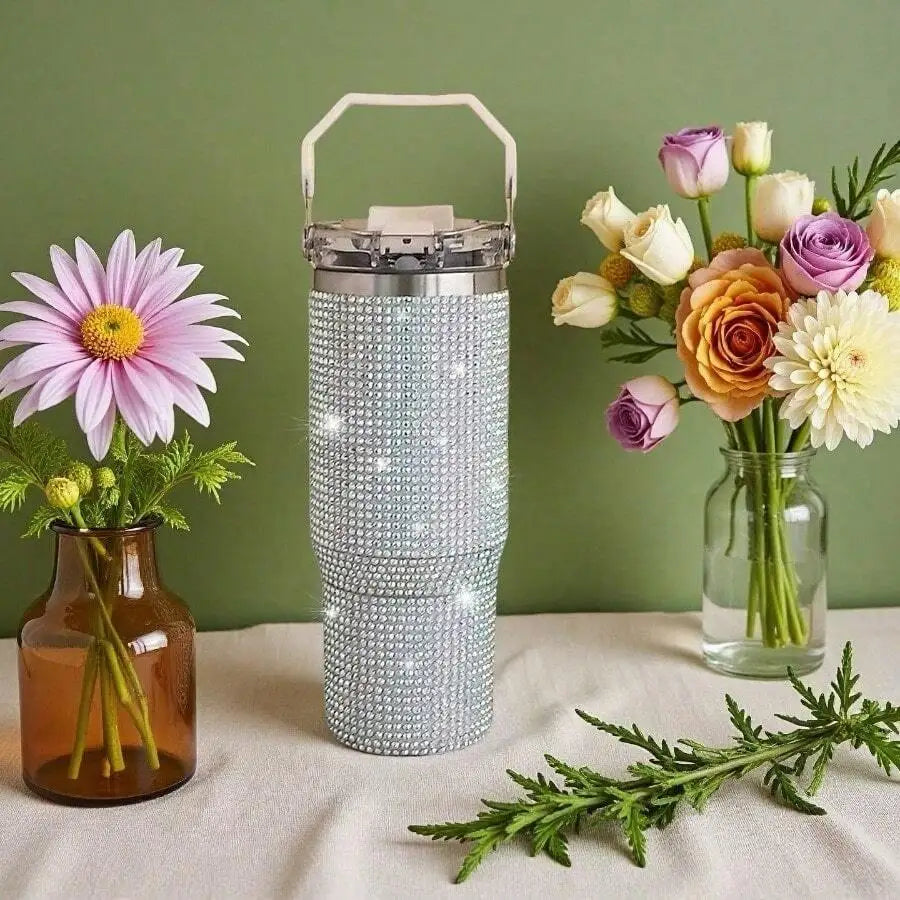 Stainless Steel Vacuum Insulated Tumbler With Rhinestone Decor Straw Lid Travel