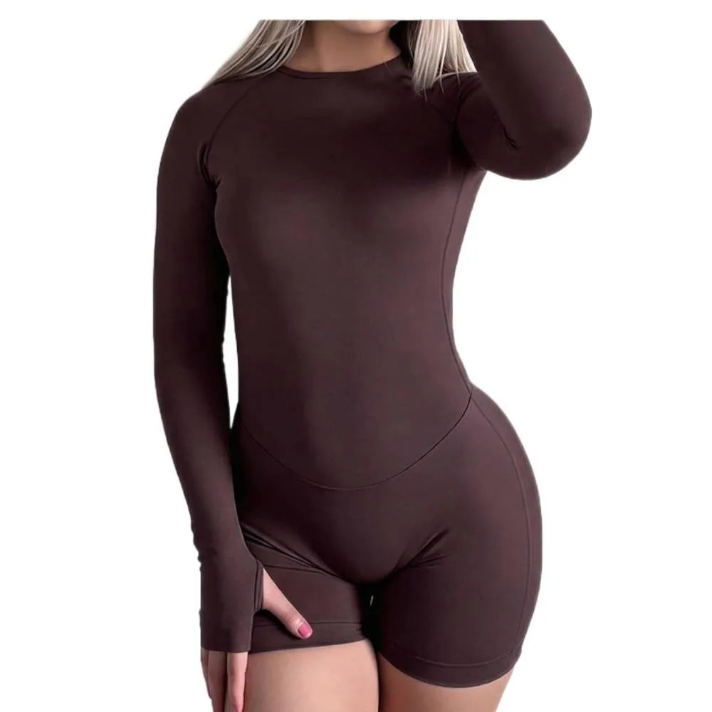 Women Long Sleeve Yoga Jumpsuit Open Back Romper Nylon Stretch