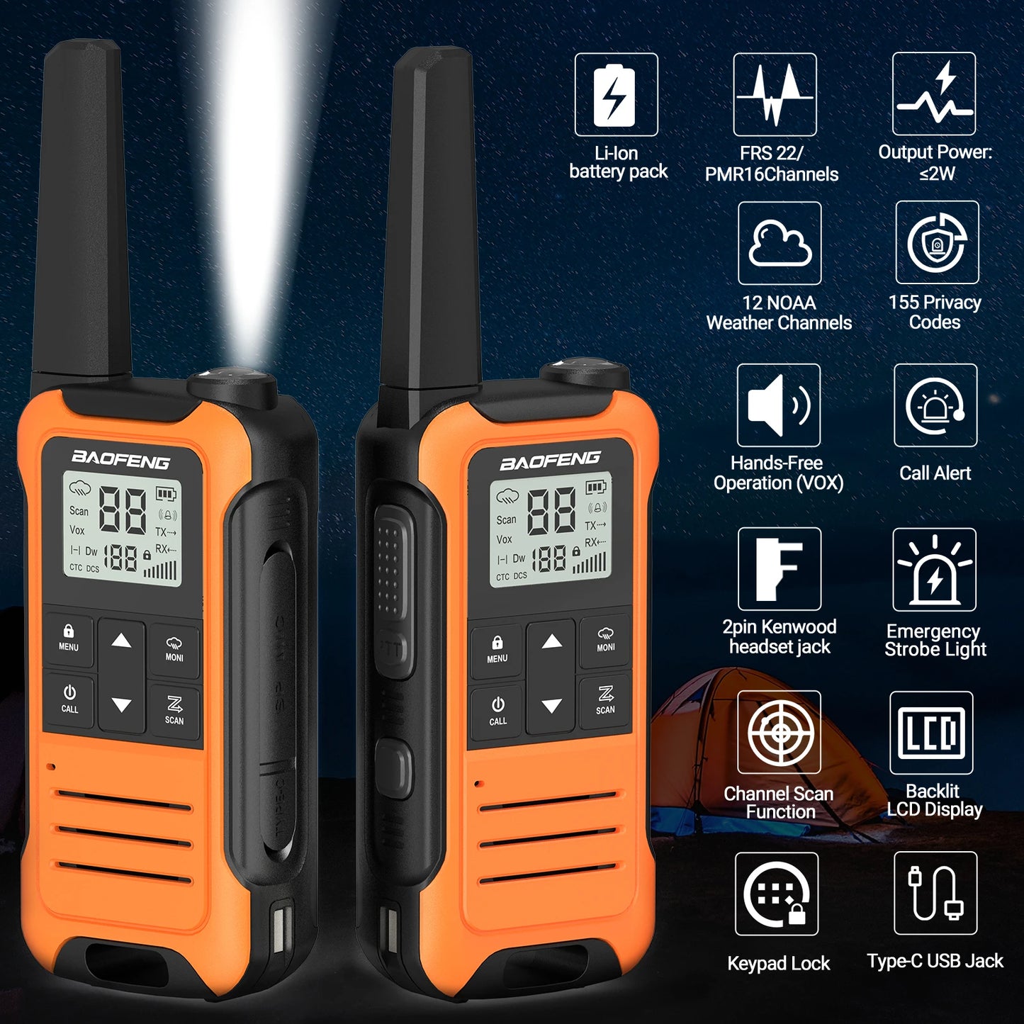 2pcs Baofeng F22 Mini Walkie Talkie PMR FRS Long Range Rechargable Portable Kids Two Way Radio Type-C Charger for Camping Trip