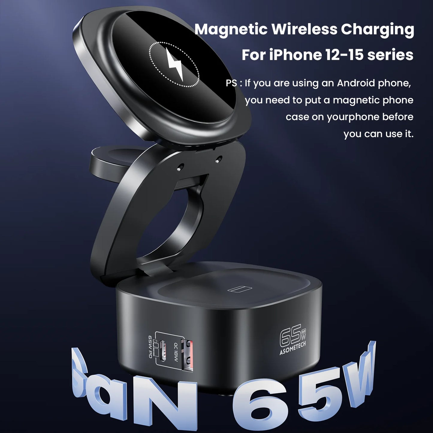 ASOMETECH 65W GaN Fast Charger Magnetic 5-In-1 Foldable Wireless Station