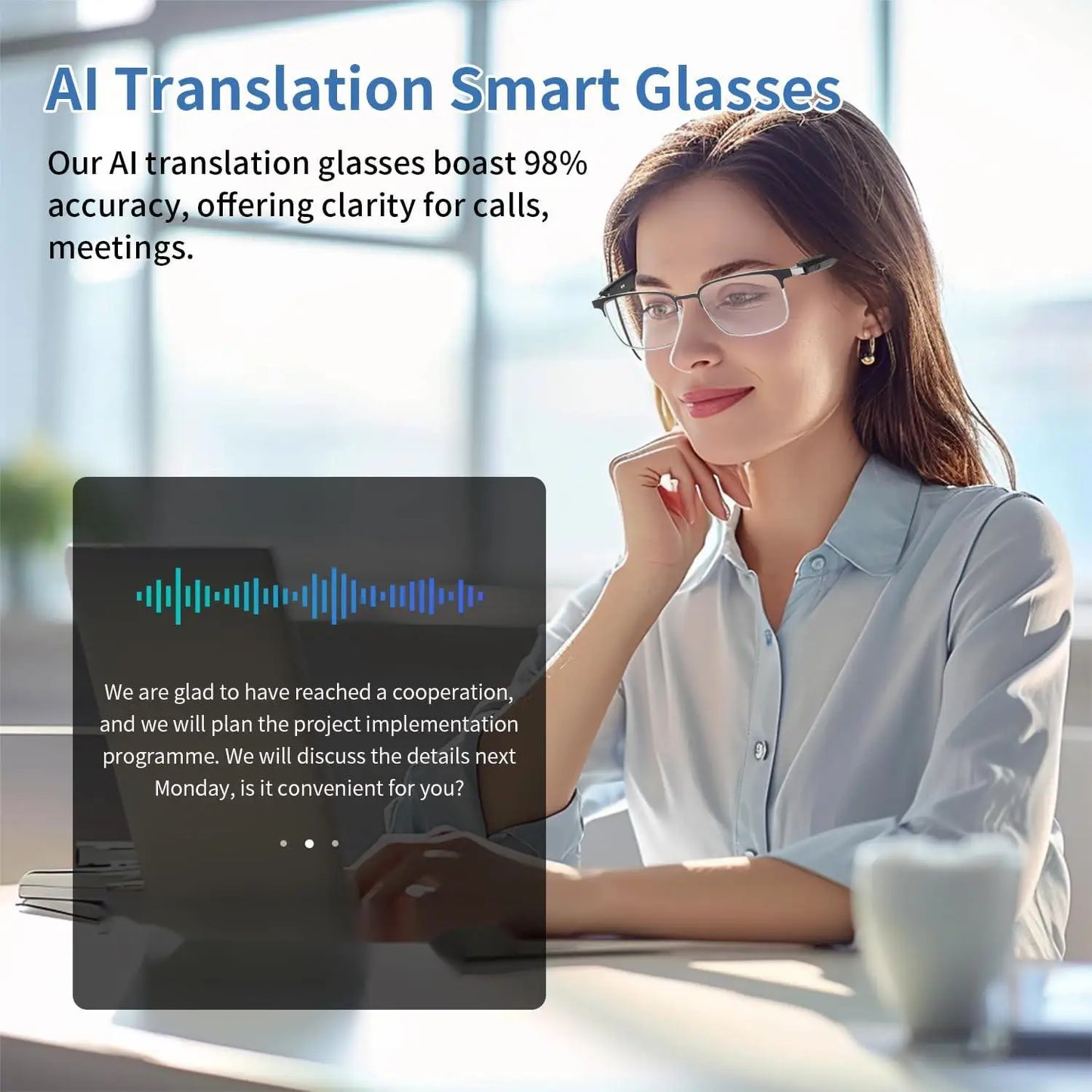 Smart glasses, app translation, color-changing lenses, high-definition voice calls, Hi-Fi music quality, open-ear audio glasses.