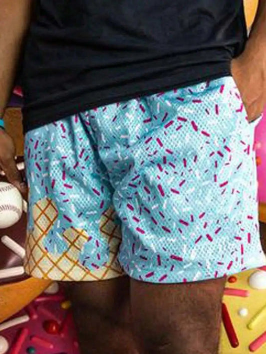 Y2K Ice Cream Print Mesh Baseball Shorts For Casual Workout