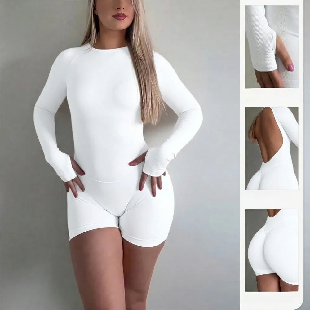 Women Long Sleeve Yoga Jumpsuit Open Back Romper Nylon Stretch