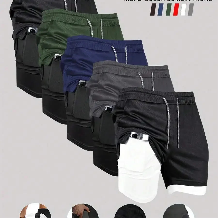 Mens Double Layer Basketball Shorts With Phone Pocket Quick Dry