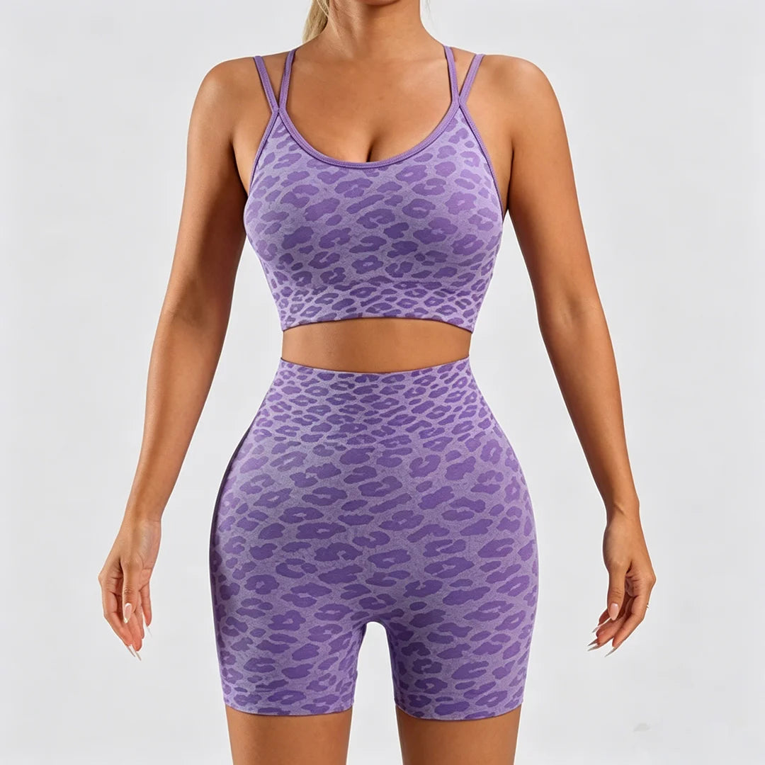 Leopard Print Women's 2-Piece Workout Set With Tank And Shorts