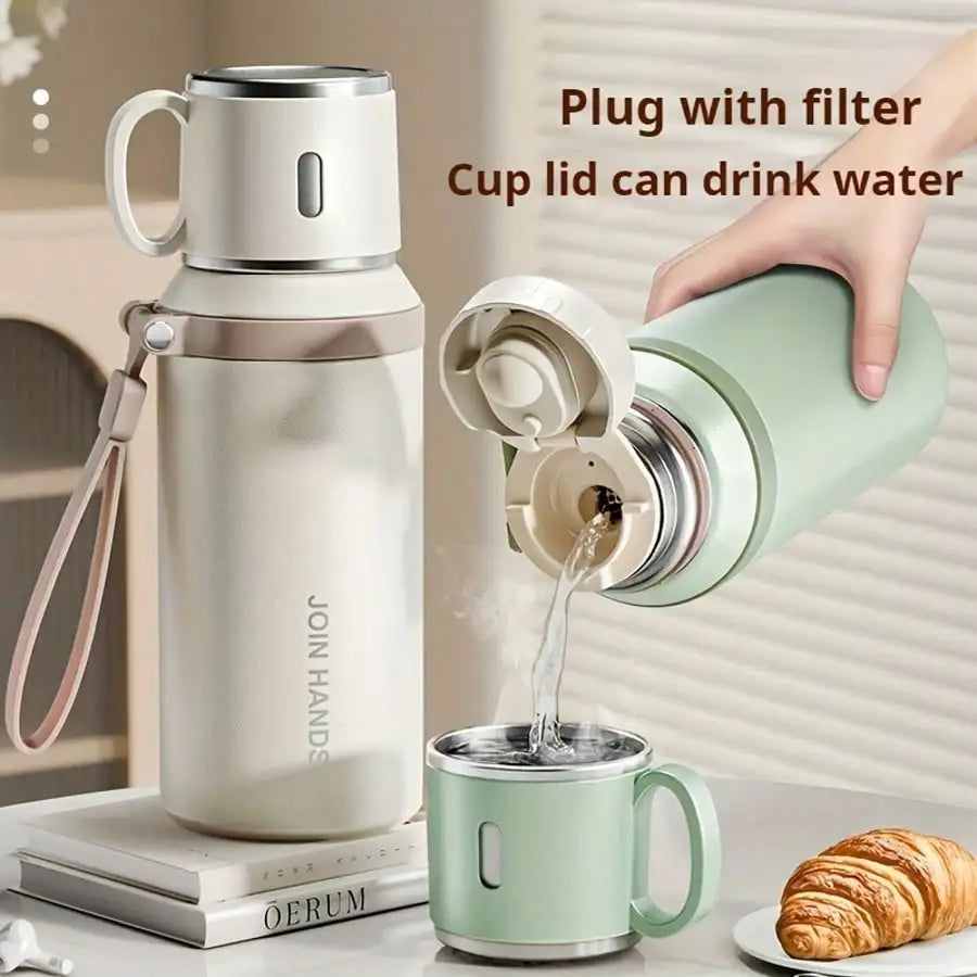 304 Stainless Steel Vacuum Insulated Water Bottle With Cup Lid And Carry Strap