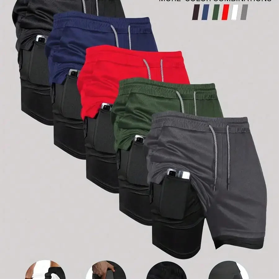 Mens Double Layer Basketball Shorts With Phone Pocket Quick Dry