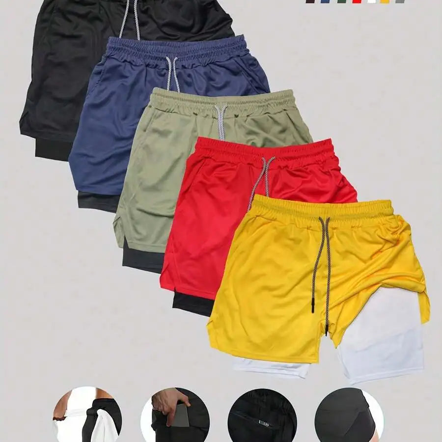 Mens Double Layer Basketball Shorts With Phone Pocket Quick Dry