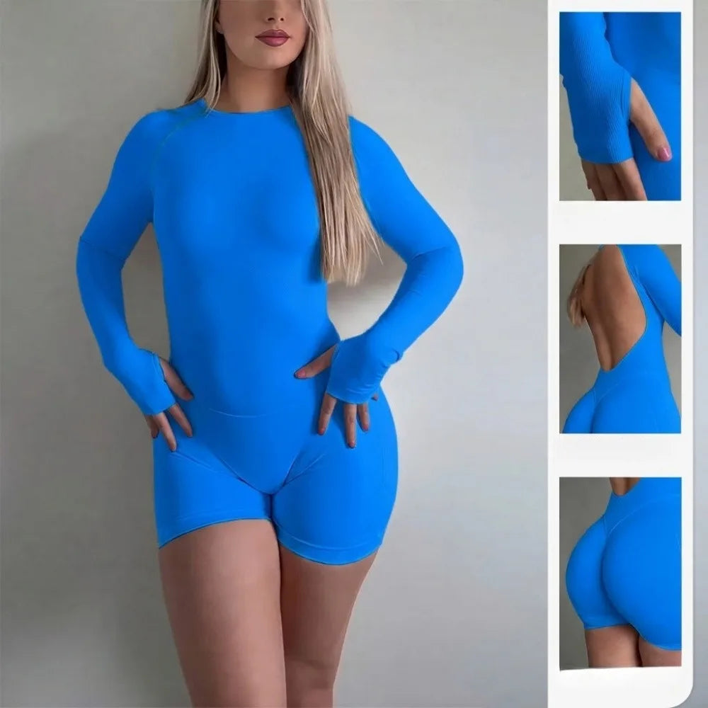 Women Long Sleeve Yoga Jumpsuit Open Back Romper Nylon Stretch