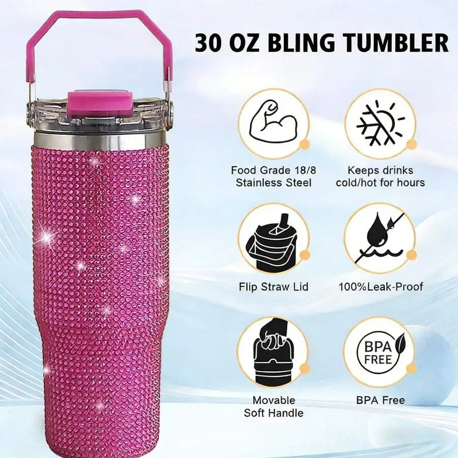 Stainless Steel Vacuum Insulated Tumbler With Rhinestone Decor Straw Lid Travel