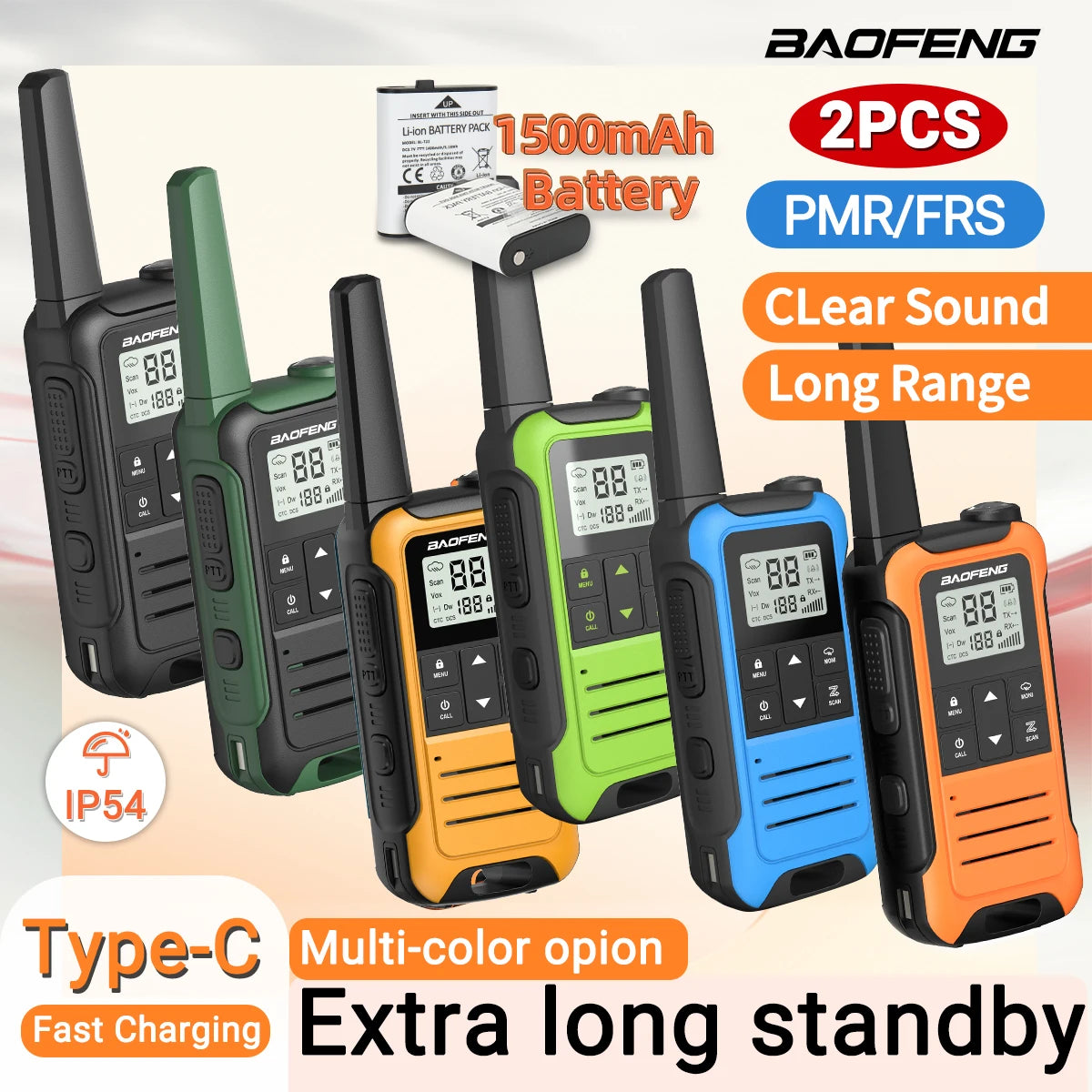 2pcs Baofeng F22 Mini Walkie Talkie PMR FRS Long Range Rechargable Portable Kids Two Way Radio Type-C Charger for Camping Trip