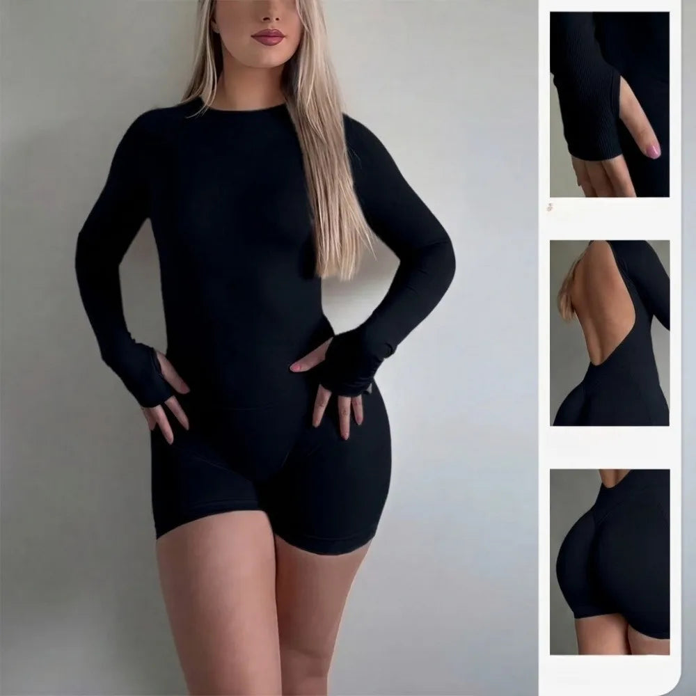 Women Long Sleeve Yoga Jumpsuit Open Back Romper Nylon Stretch