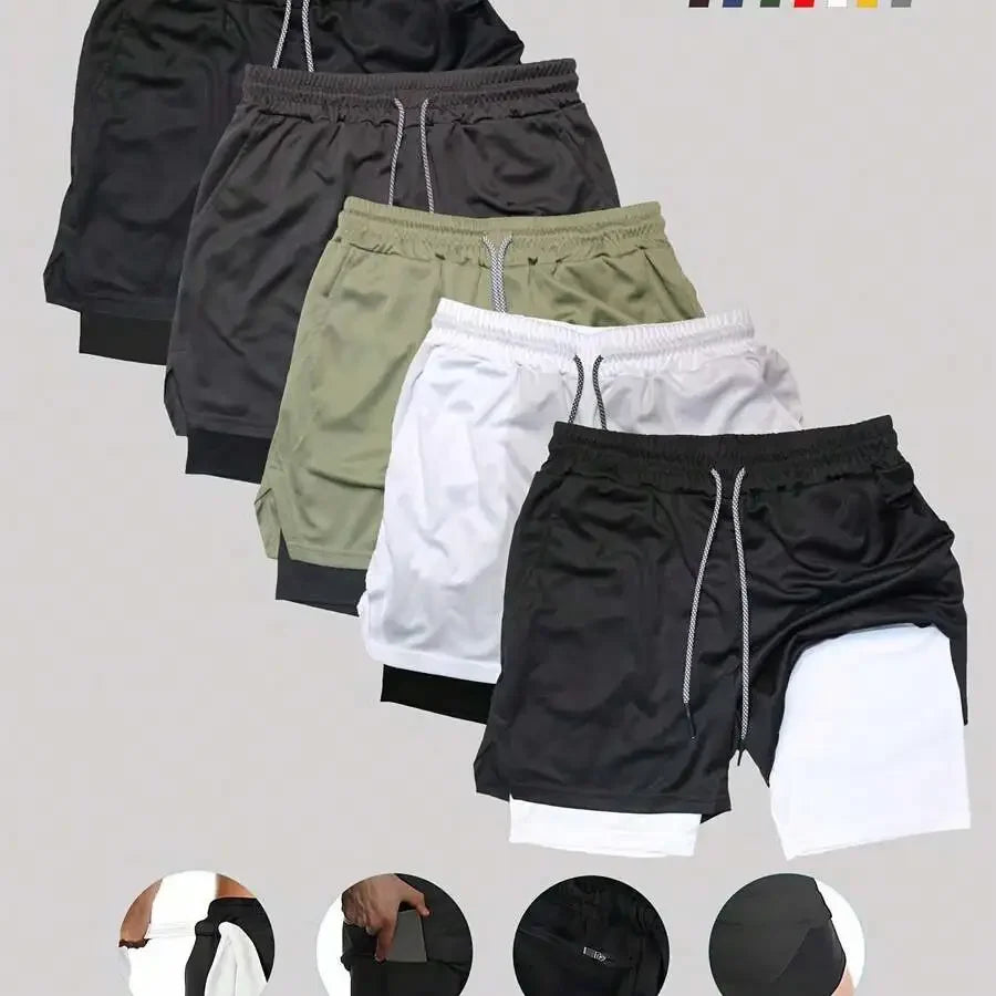 Mens Double Layer Basketball Shorts With Phone Pocket Quick Dry
