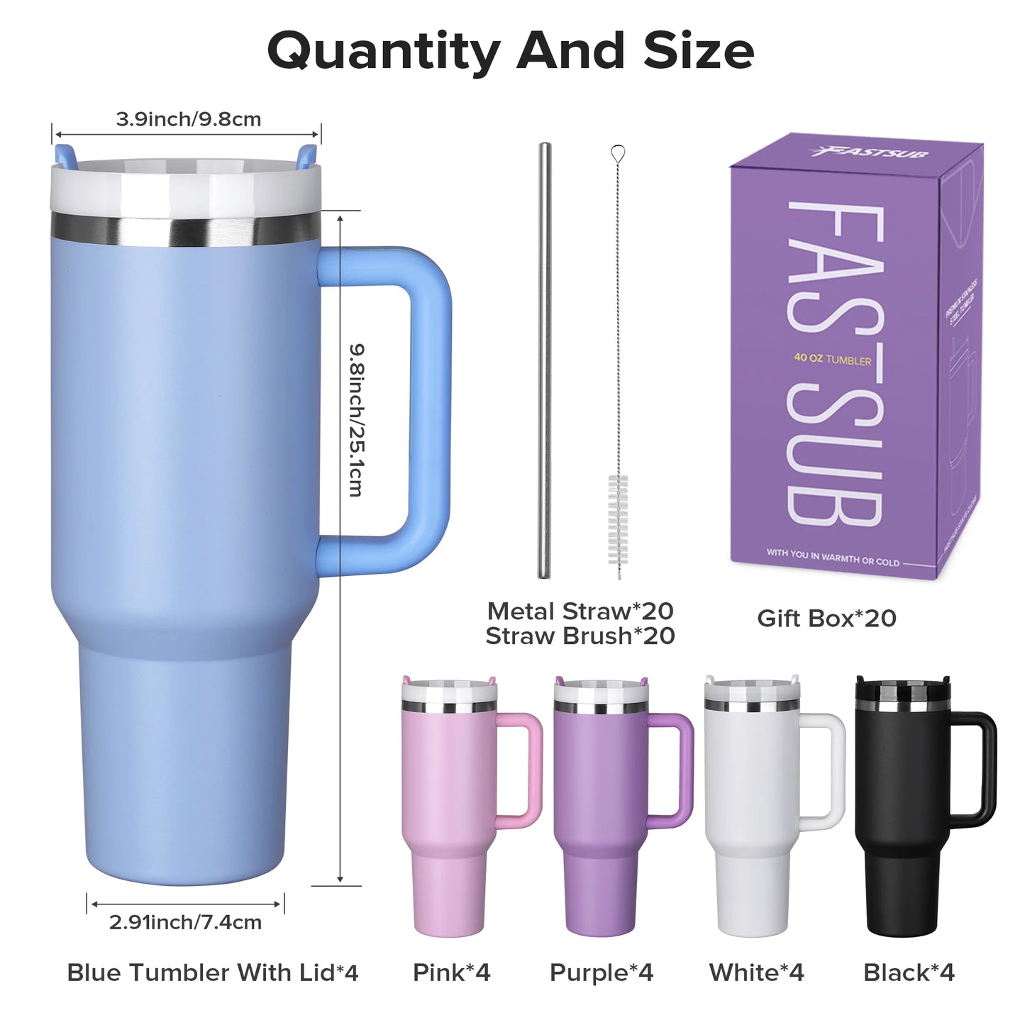 Fastsub Drinkware Stainless Steel Vacuum Tumbler Handle Straw Laser Engraving