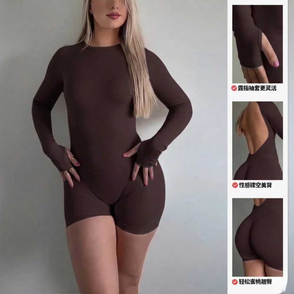 Women Long Sleeve Yoga Jumpsuit Open Back Romper Nylon Stretch