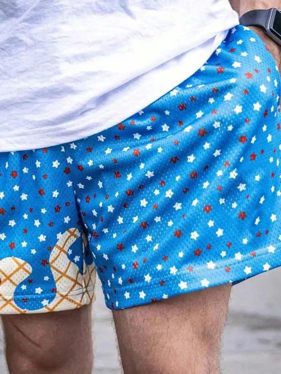 Y2K Ice Cream Print Mesh Baseball Shorts For Casual Workout