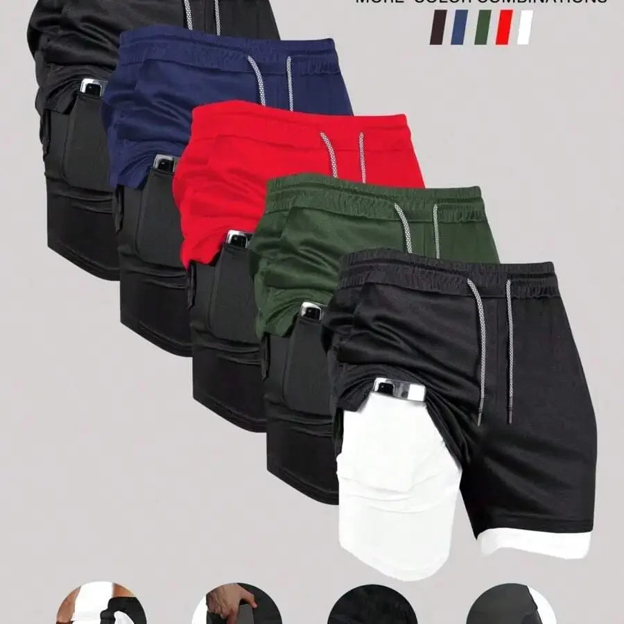 Mens Double Layer Basketball Shorts With Phone Pocket Quick Dry
