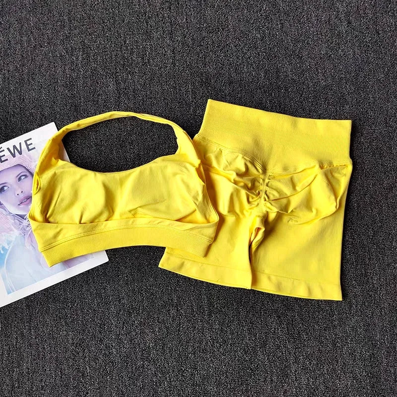 Women's Seamless Yoga Set Two Piece Halter Sports Bra Shorts