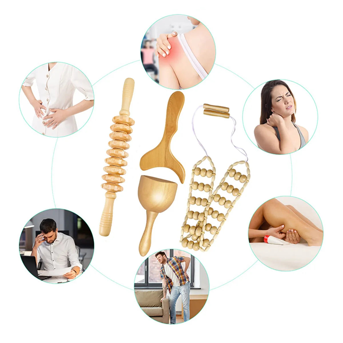 Wooden Massage Tool Set Pain Relief Gua Sha Back Massager