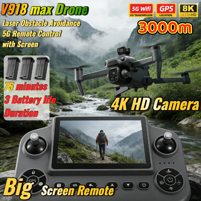 V918 Max Drone Laser Obstacle Avoidance 8K GPS Professional Camera FPV 3000M RC Quadcopter with LCD Screen Remote Control Gifts