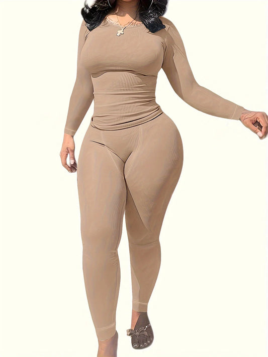 Women's Long Sleeve And Leggings Set For Workout Breathable Polyester Elastane