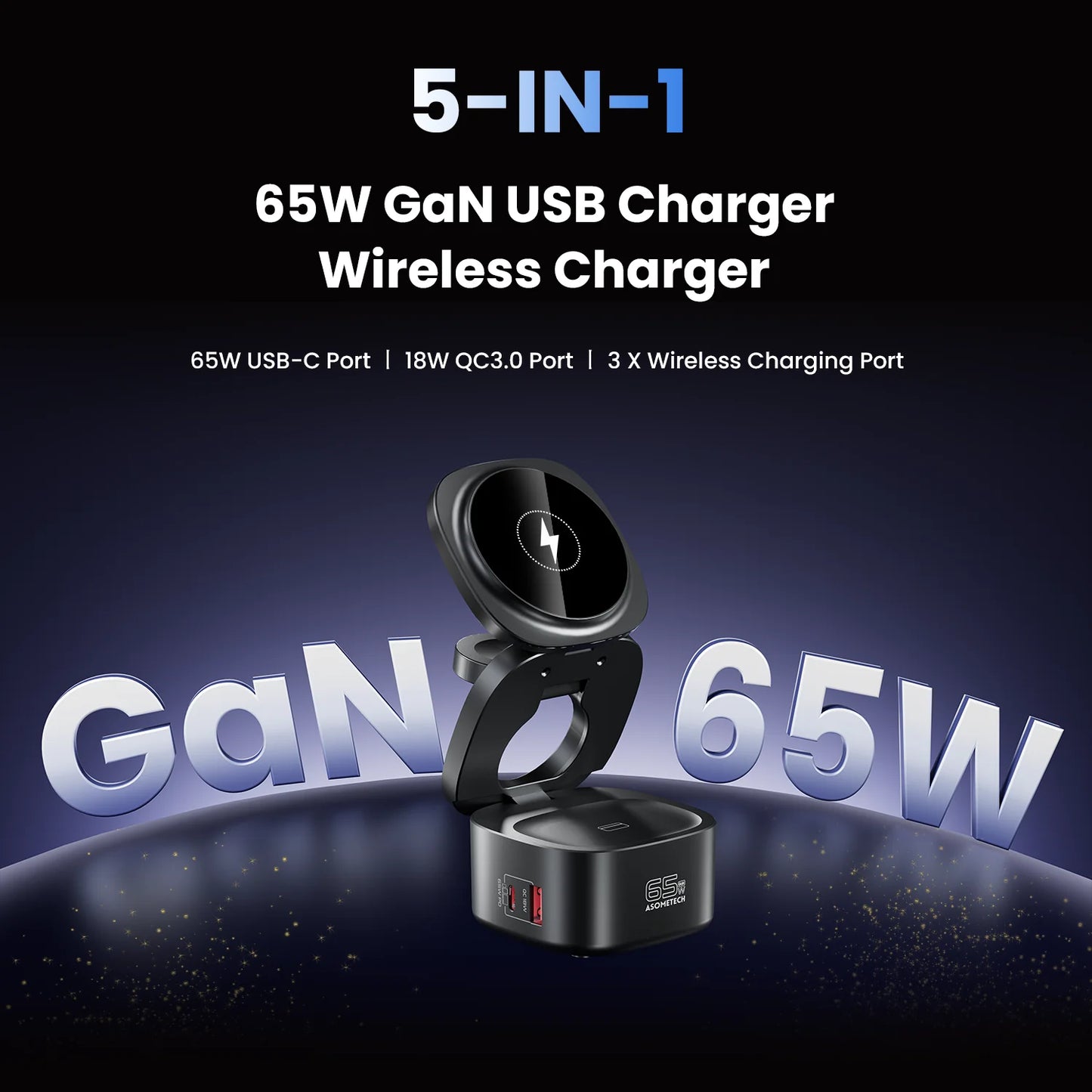 ASOMETECH 65W GaN Fast Charger Magnetic 5-In-1 Foldable Wireless Station