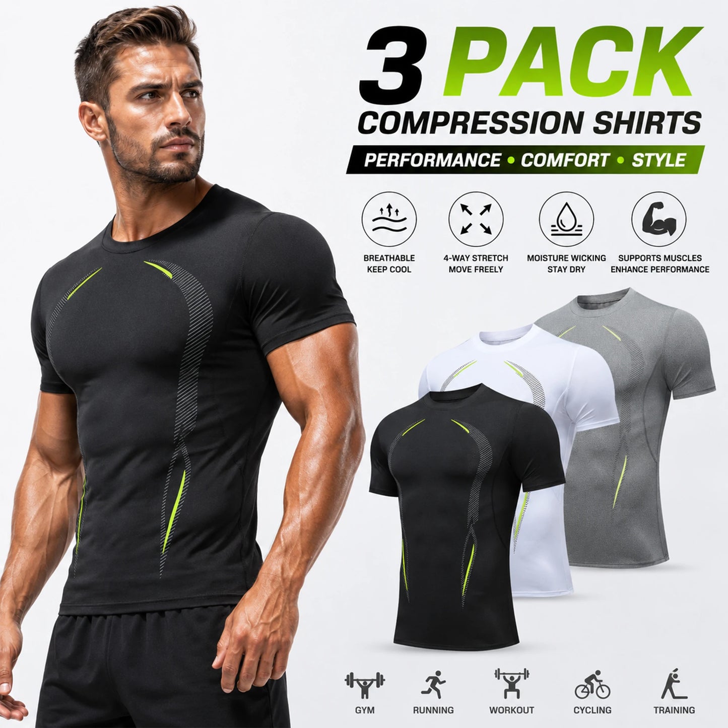 Mens Compression Shirts 3 Pack Baselayer Tops Moisture Wicking QuickDry