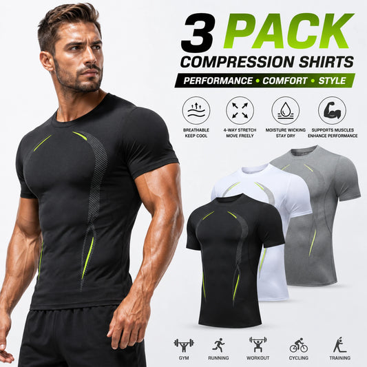 Mens Compression Shirts 3 Pack Baselayer Tops Moisture Wicking QuickDry
