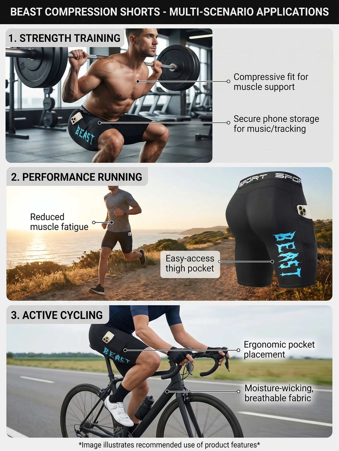 Men's Compression Shorts With Phone Pocket 3 Pack Quick Dry