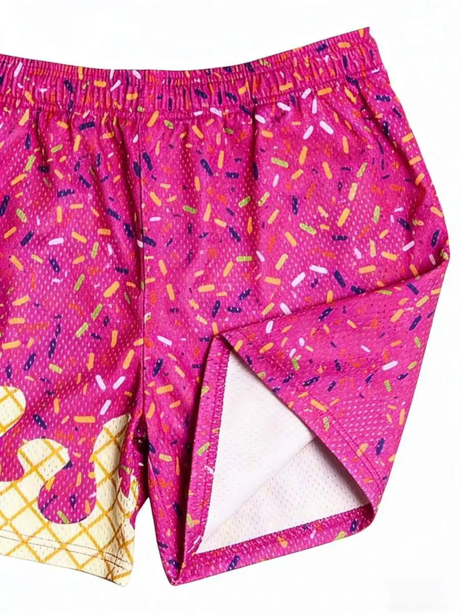 Ice Cream Print Mesh Sports Shorts For Men Quick Dry