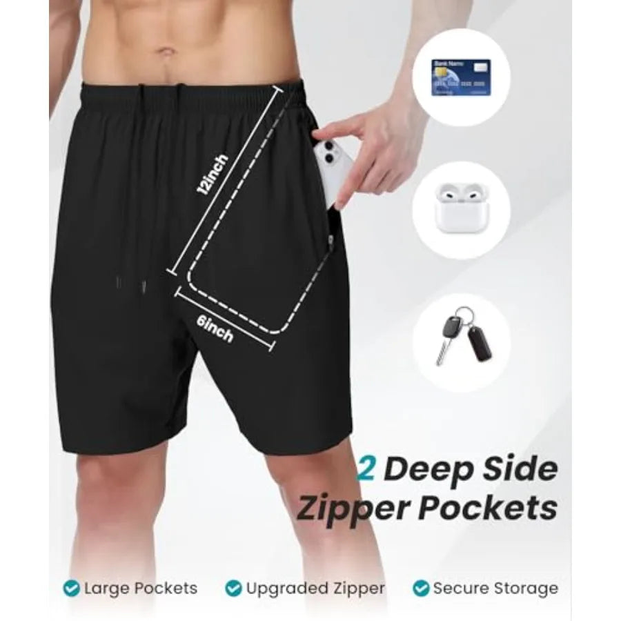 Mens Athletic Gym Shorts With Quick Dry Zipper Pockets