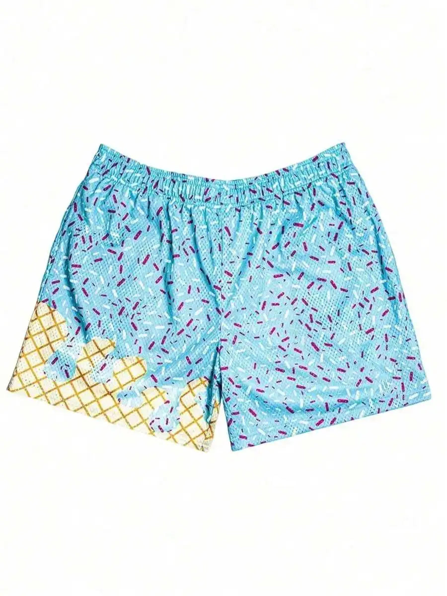 Y2K Ice Cream Print Mesh Baseball Shorts For Casual Workout
