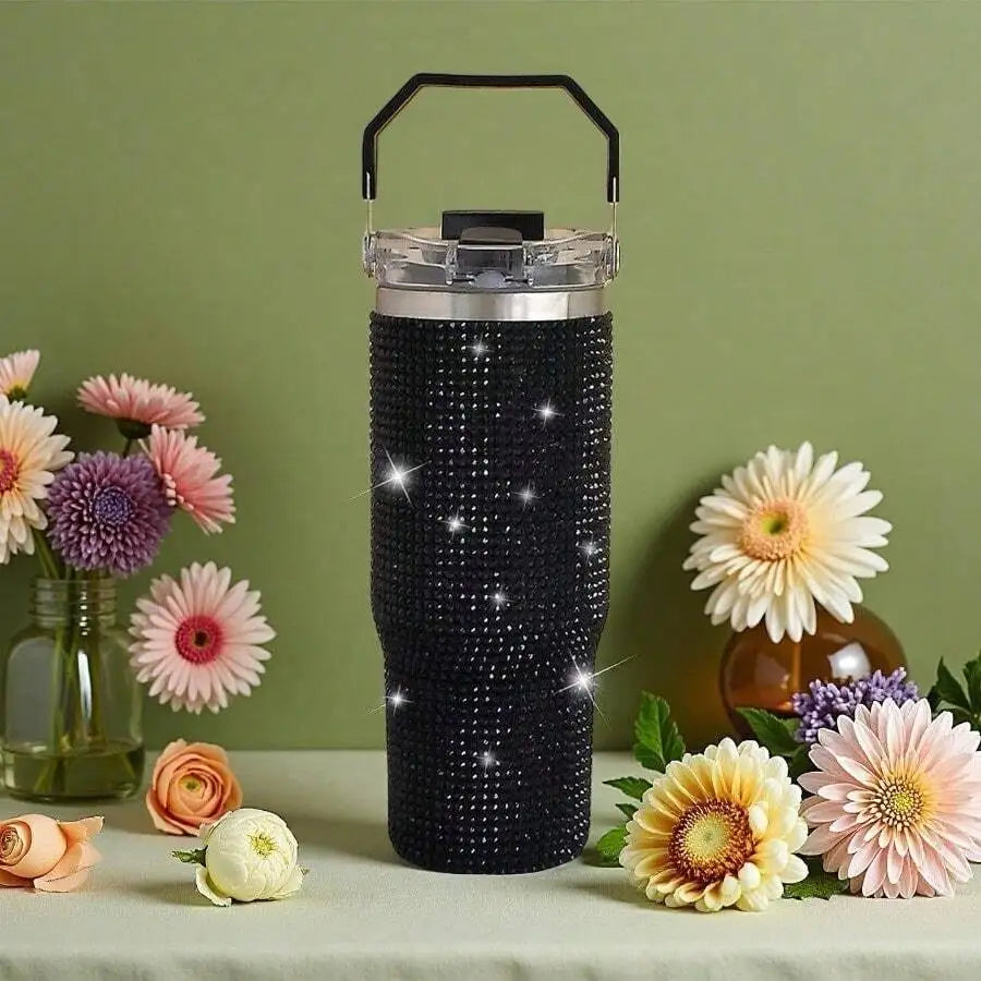Stainless Steel Vacuum Insulated Tumbler With Rhinestone Decor Straw Lid Travel