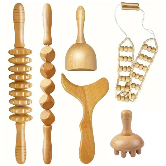 Wooden Massage Tool Set Pain Relief Gua Sha Back Massager