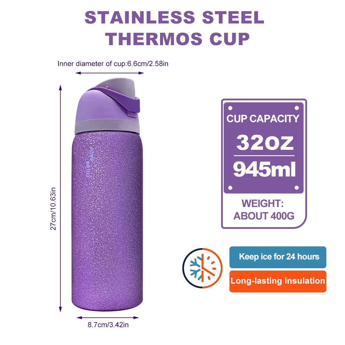 Owalaa Diamond Stainless Steel Insulated Water Bottle With Straw