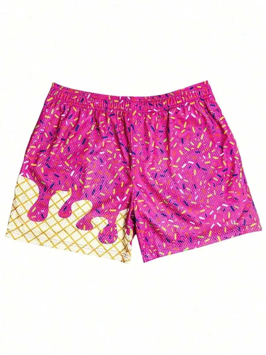 Y2K Ice Cream Print Mesh Baseball Shorts For Casual Workout