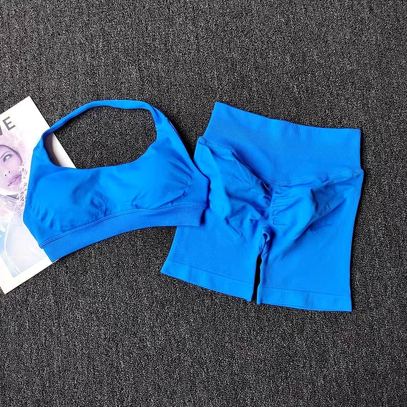Women's Seamless Yoga Set Two Piece Halter Sports Bra Shorts