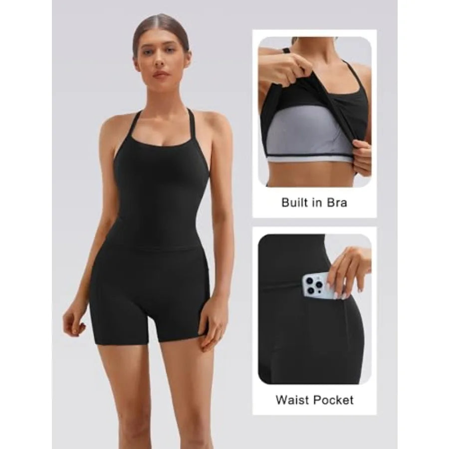 Women 2-Piece Workout Set With High Waist Shorts Built-In Bra Tank Tops