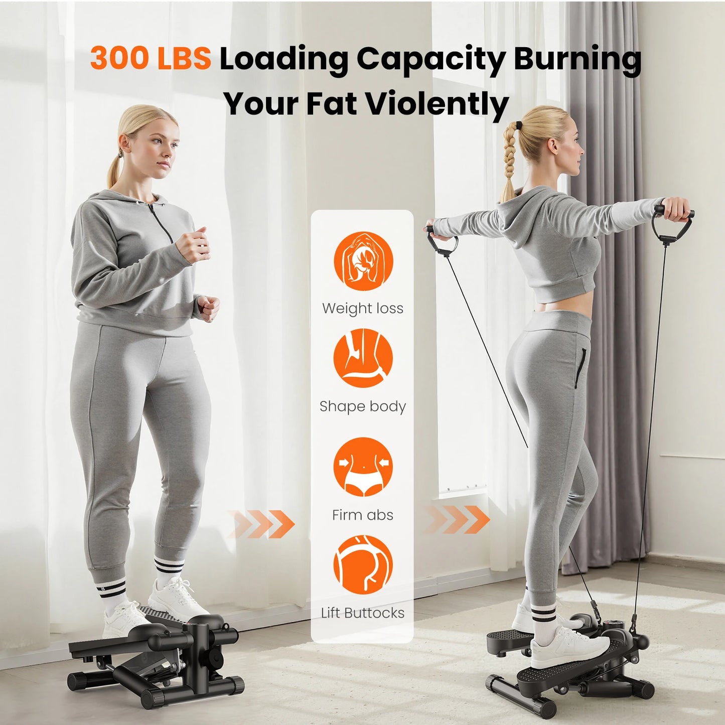 Mini Hydraulic Stepper With Resistance Bands 300 Lbs Capacity Monitor