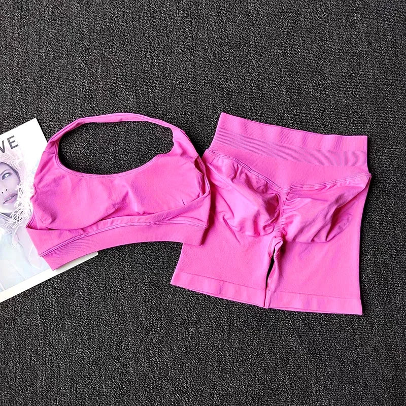 Women's Seamless Yoga Set Two Piece Halter Sports Bra Shorts